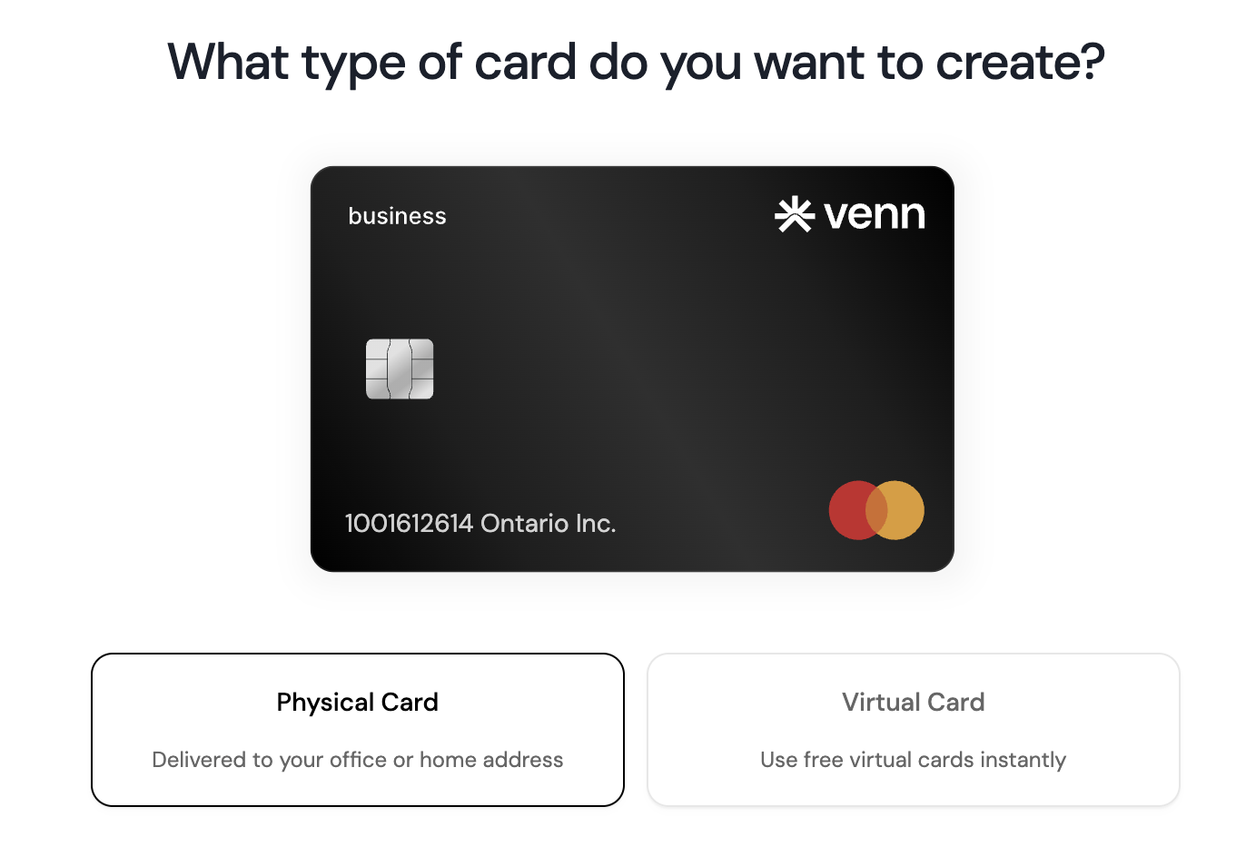 Venn 签发的 Mastercard 实体公司卡与虚拟卡