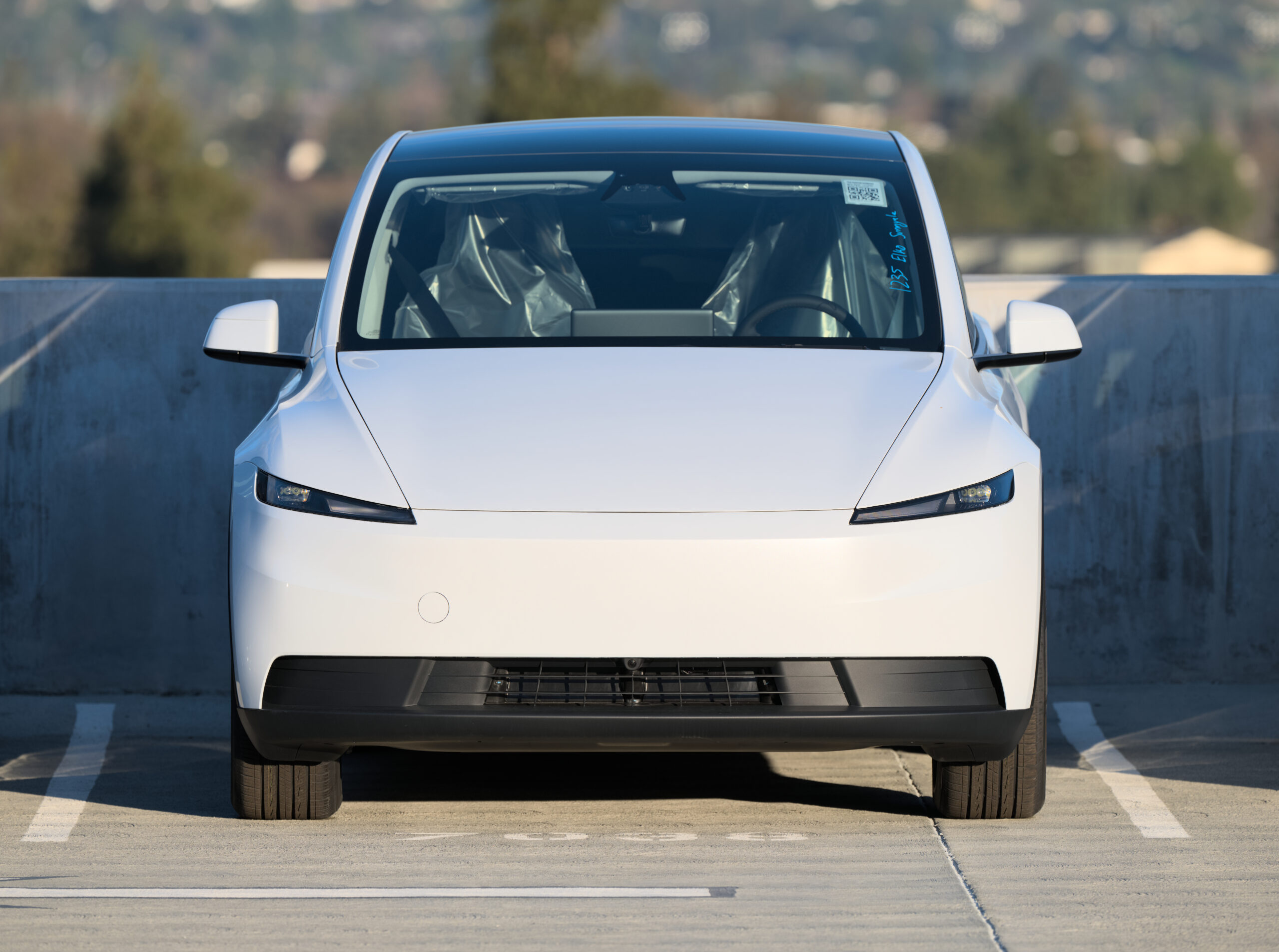 一辆特斯拉 Model Y 正面照，作者 2022 年在最高价时购入这款车